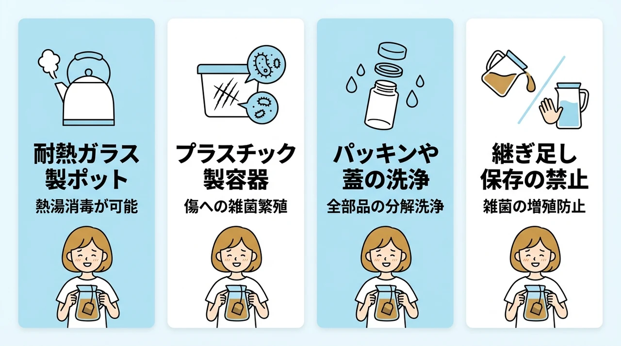 麦茶を安全に保存するための容器選びと洗浄方法
