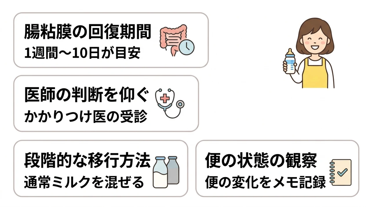 無乳糖ミルクから通常ミルクへ戻す回復ステップ