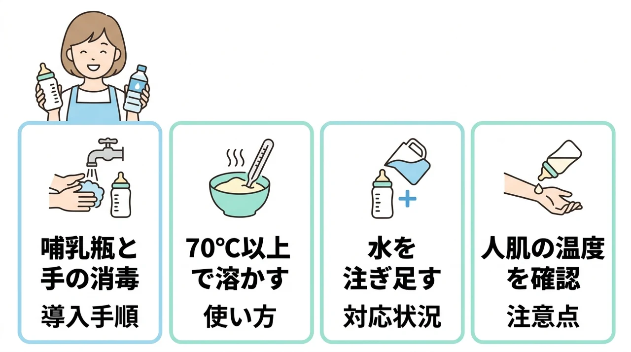 ミネラルウォーターで割る正しい調乳手順