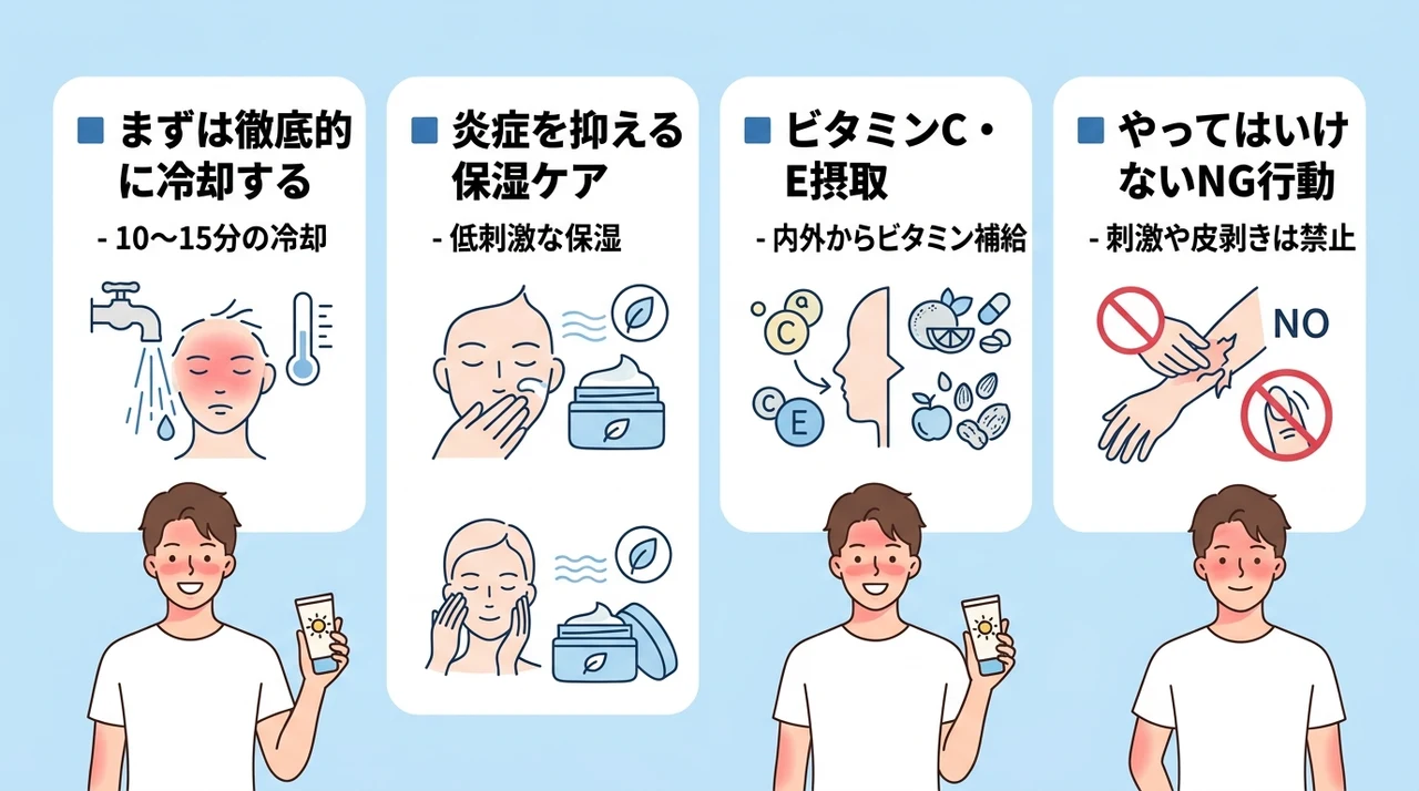 男が日焼けしてしまった直後の緊急アフターケア手順