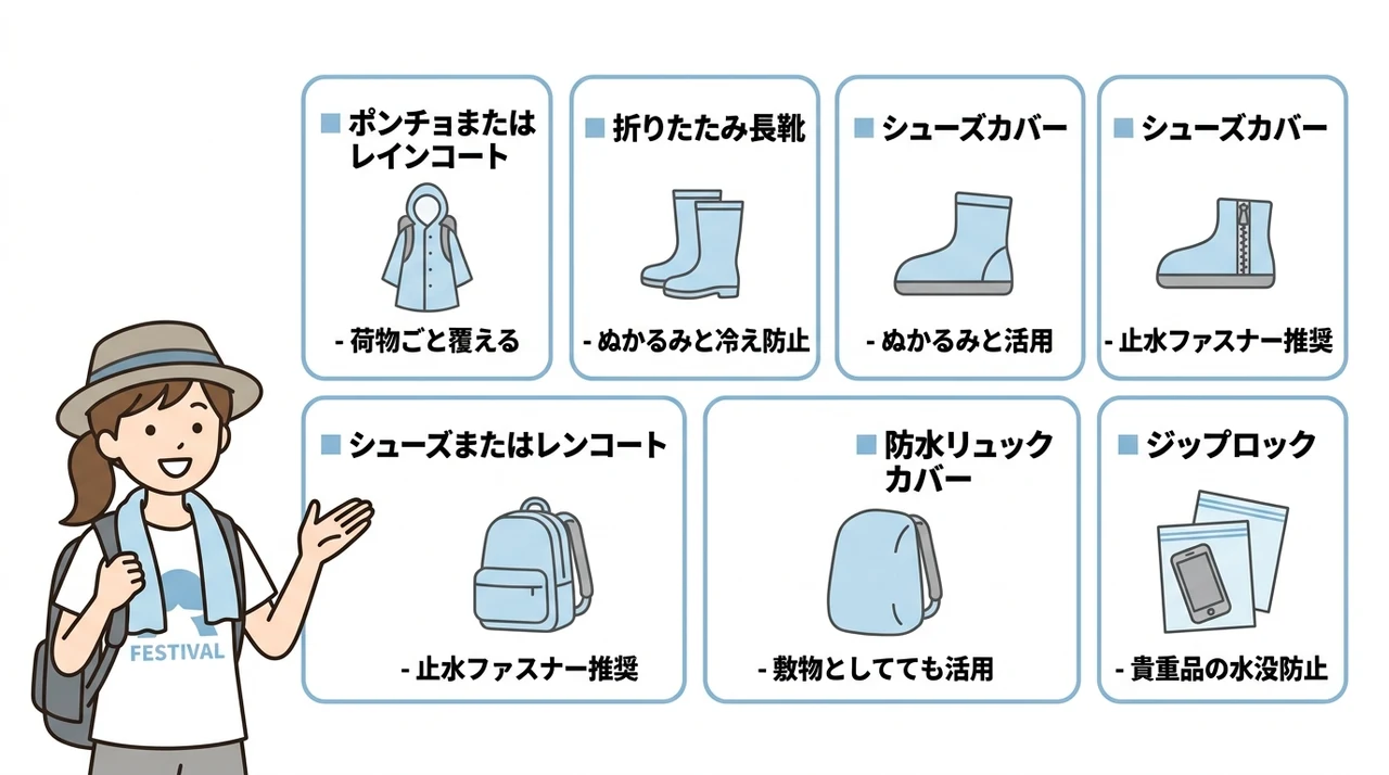 会場特性に合わせた雨・足元・泥対策の必須持ち物