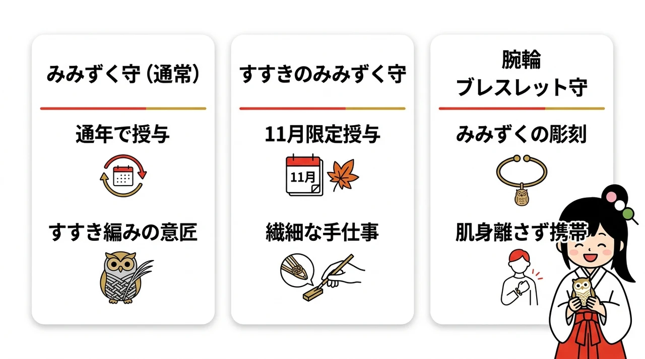 どれを選ぶ？小網神社のみみずく守の種類と初穂料を比較