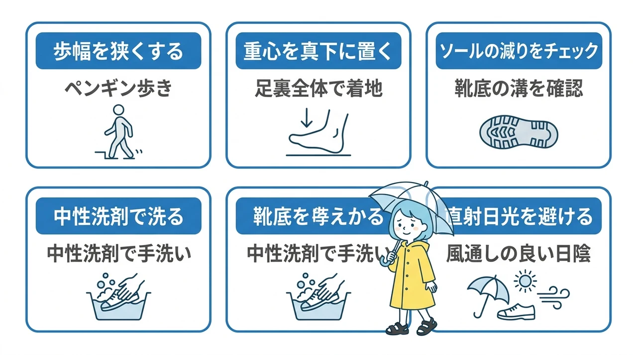 ウーフォスで濡れた場所を歩くコツとお手入れのポイント