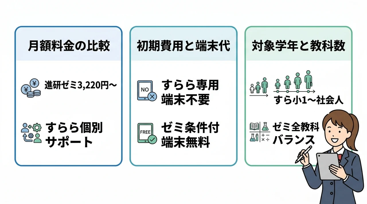 すららと進研ゼミの基本情報を比較｜月額料金や対象学年の違い