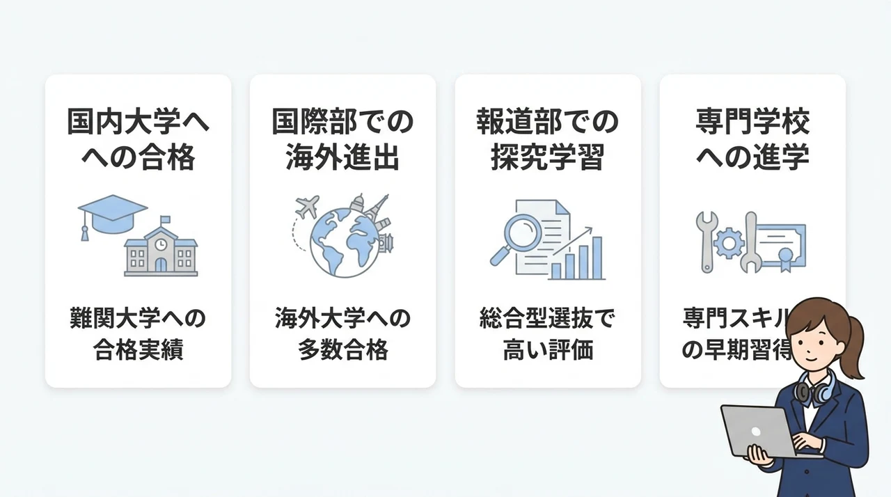N高の不登校からの進学実績と卒業後の進路決定の傾向の要点をまとめた図解（国内大学への合格・国際部での海外進出・報道部での探究学習）