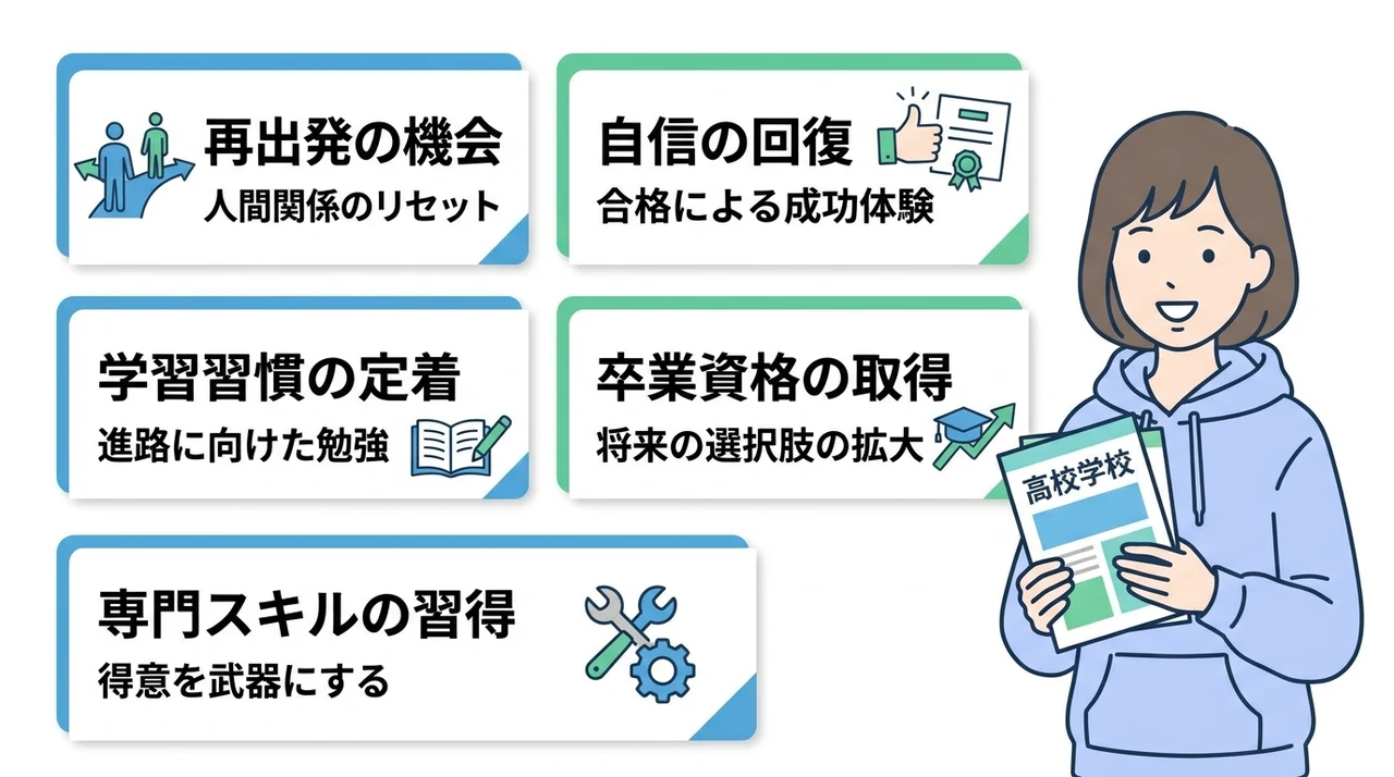 不登校から高校進学を目指す5つのメリットの要点をまとめた図解(再出発の機会・自信の回復・学習習慣の定着)