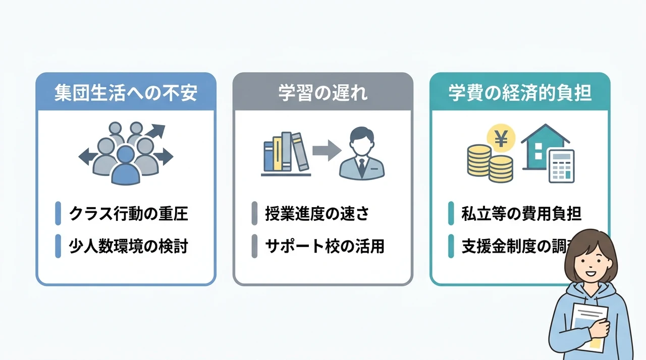 不登校から高校進学を目指す際の3つのデメリットの要点をまとめた図解(集団生活への不安・学習の遅れ・学費の経済的負担)