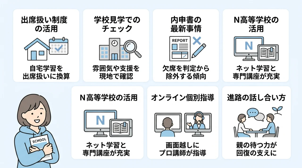 不登校の中学生が進路選びで後悔しないためのポイントの要点をまとめた図解(出席扱い制度の活用・学校見学でのチェック・内申書の最新事情)