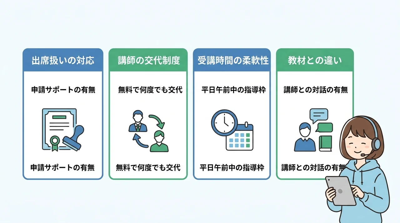 不登校の子供に適したオンライン個別指導の選び方の要点をまとめた図解(出席扱いの対応・講師の交代制度・受講時間の柔軟性)