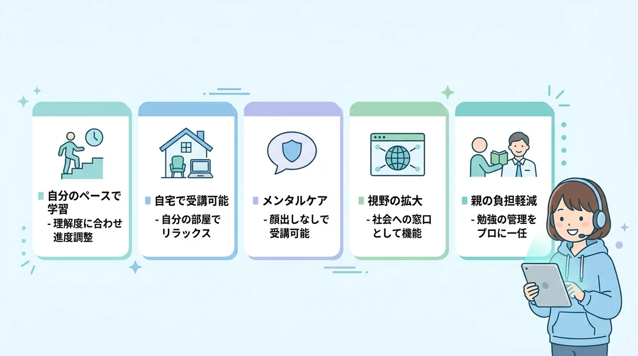 不登校の子がオンライン個別指導を受ける5つのメリットの要点をまとめた図解(自分のペースで学習・自宅で受講可能・メンタルケア)