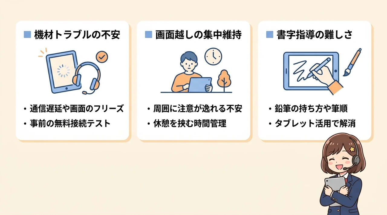オンライン家庭教師で注意したい3つのデメリットの要点をまとめた図解（機材トラブルの不安・画面越しの集中維持・書字指導の難しさ）
