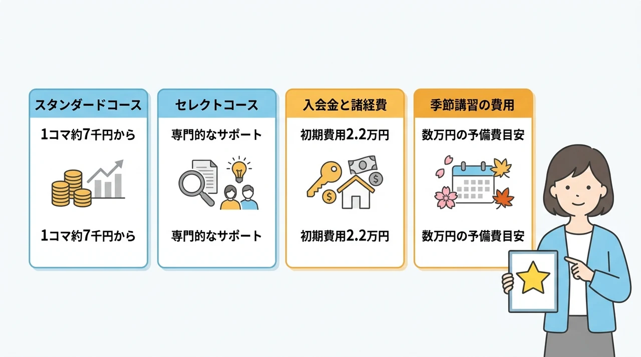 キズキ共育塾の料金・費用シミュレーションの要点をまとめた図解(スタンダードコース・セレクトコース・入会金と諸経費)