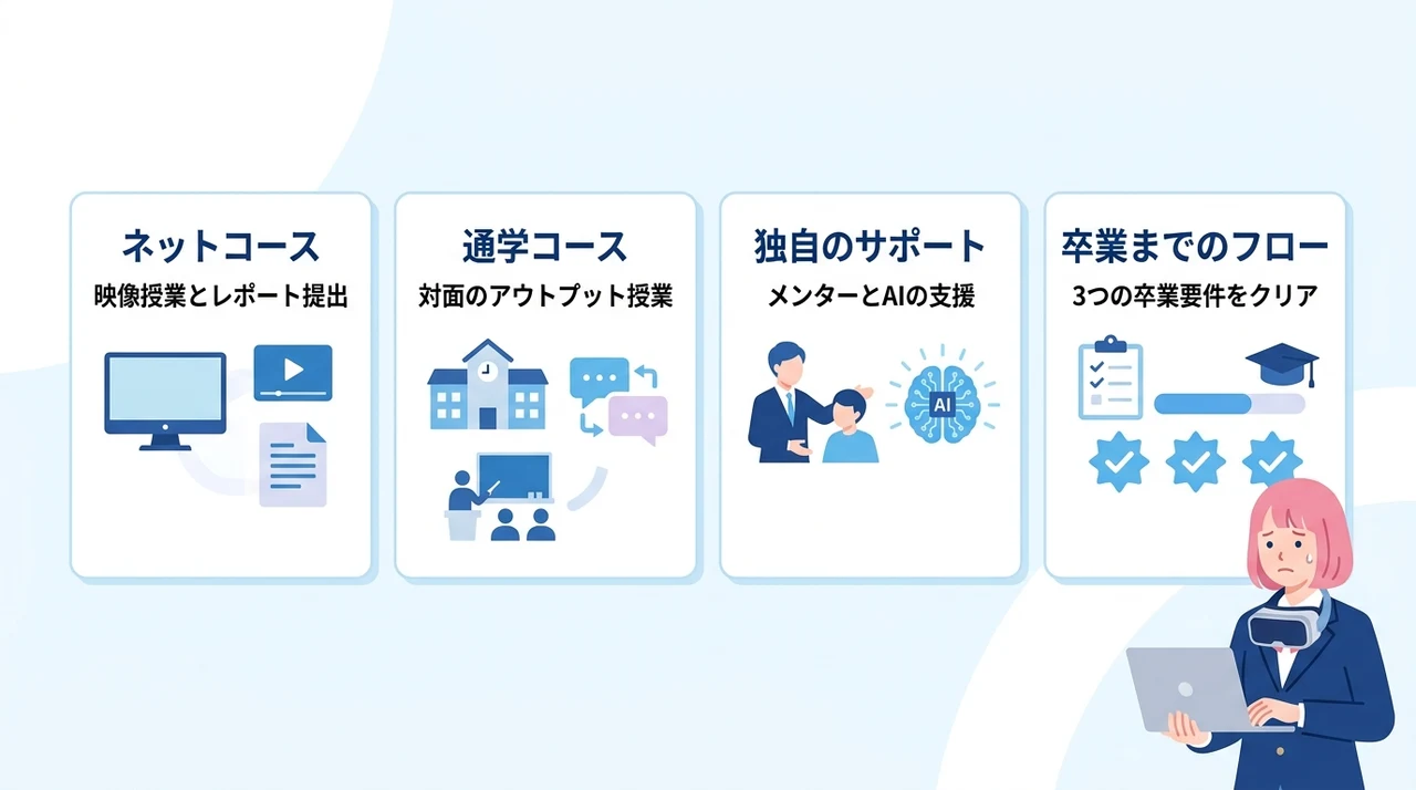 N高等学校のデメリットと知っておくべき学習環境の要点をまとめた図解（ネットコースの仕組み・通学コースの学習スタイル・独自のサポート体制）