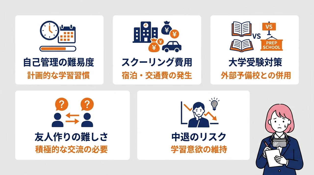 N高で後悔する前に確認したいデメリット5選の要点をまとめた図解（自己管理の難易度・スクーリングの追加費用・大学受験対策の不足）
