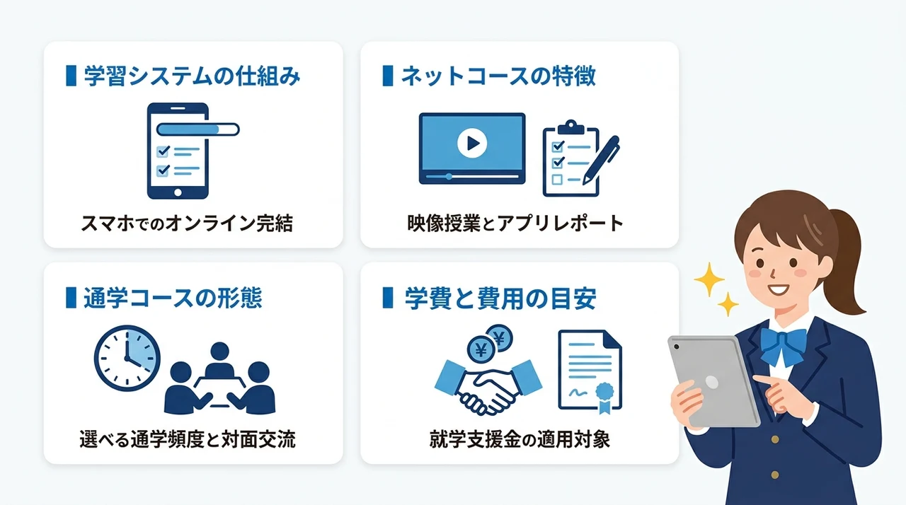 N高等学校の基本情報とネット上の口コミを徹底解明の要点をまとめた図解(学習システムの仕組み・ネットコースの特徴・通学コースの形態)