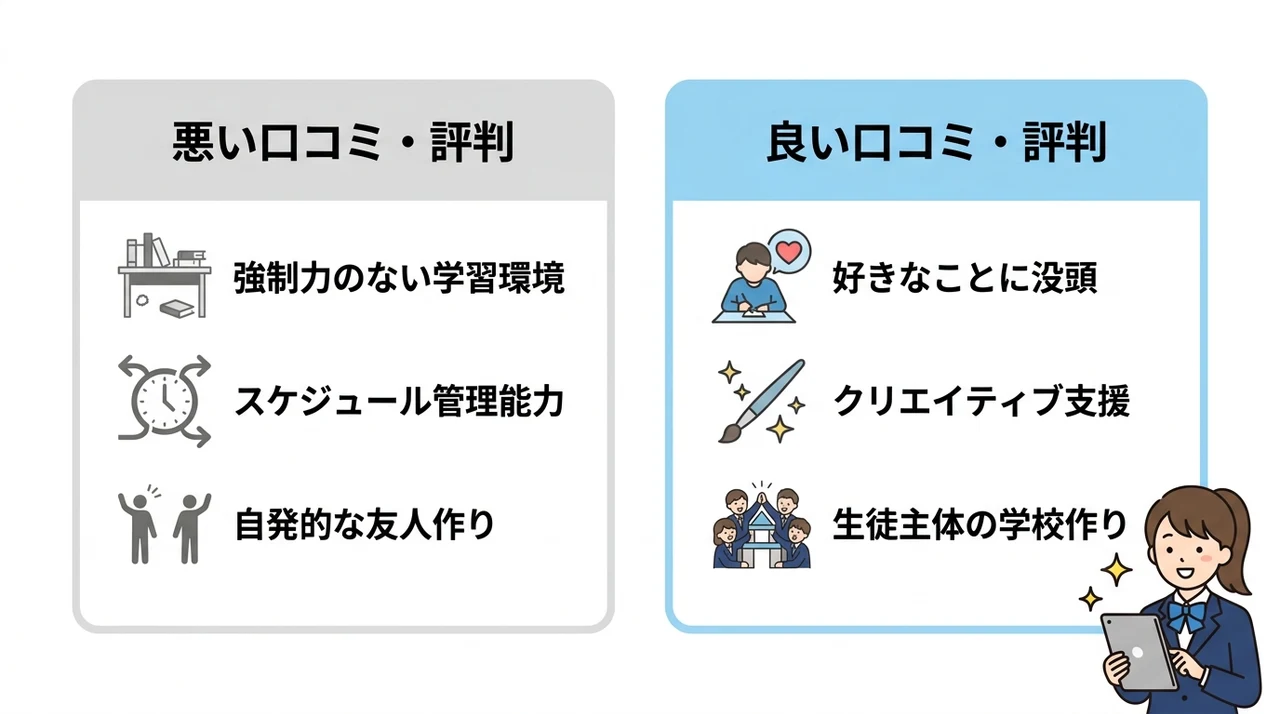 N高等学校の口コミ・評判在校生や保護者の本音の要点をまとめた図解(悪い口コミ・評判・良い口コミ・評判)