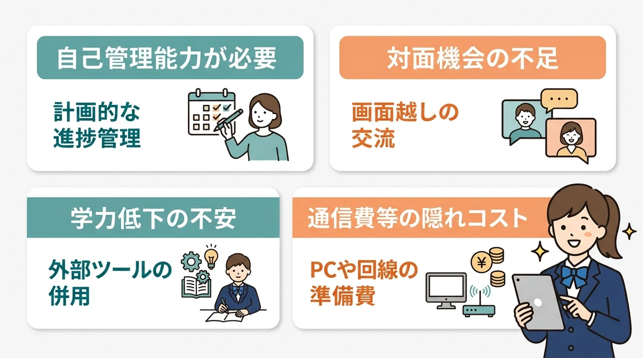 N高等学校で後悔しないためのデメリット4つの要点をまとめた図解(自己管理能力が必要・対面機会の不足・学力低下の不安)