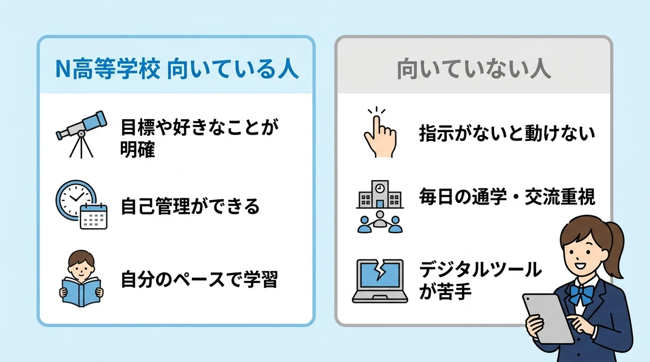 N高等学校が向いている人・向いていない人の特徴の要点をまとめた図解(N高等学校 向いている人・向いていない人)