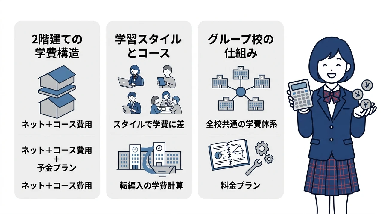N高等学校の学費の内訳と基本の仕組みを解説の要点をまとめた図解（2階建ての学費構造・学習スタイルとコース・S高等学校などのグループ校）