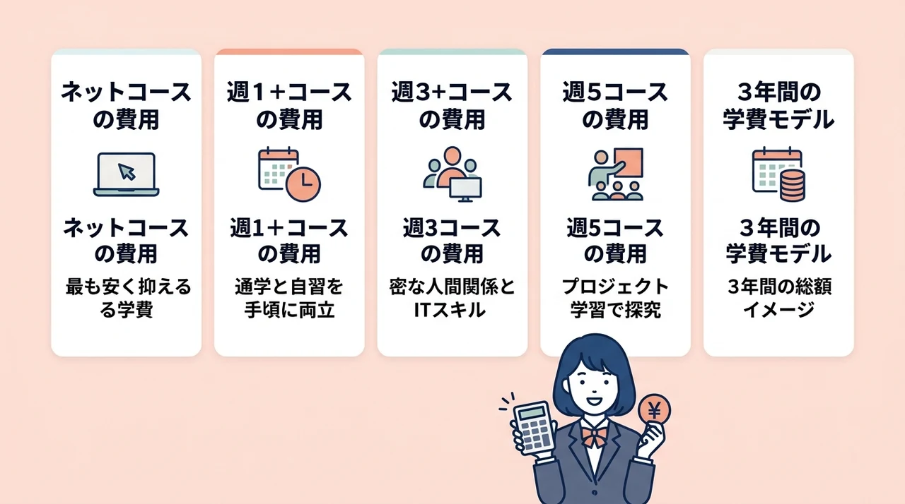 N高のネットコースと通学コースの学費を徹底比較の要点をまとめた図解（ネットコースの費用・週1＋コースの費用・週3コースの費用）