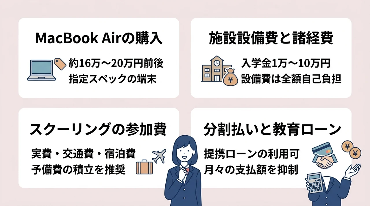 授業料以外にかかるN高の諸経費と端末代の詳細の要点をまとめた図解（MacBook Airの購入・施設設備費と諸経費・スクーリングの参加費）
