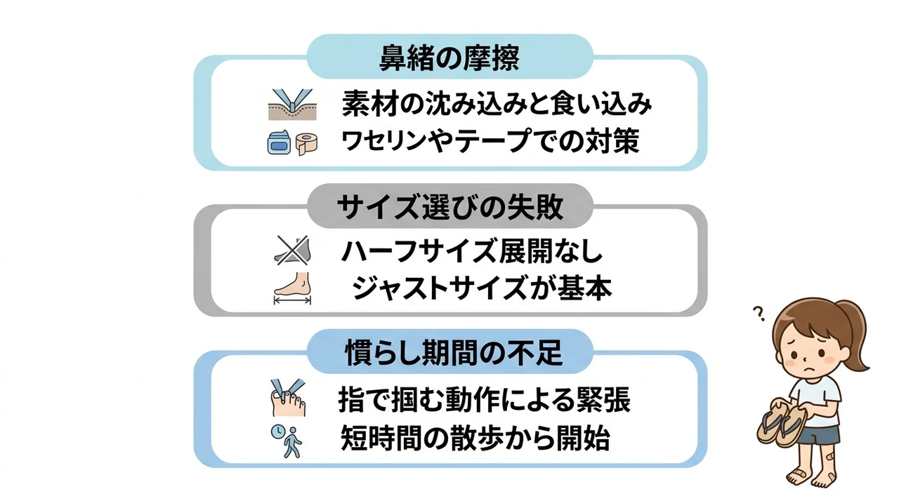 ウーフォスを履いて鼻緒が痛いと感じるデメリット3選の要点をまとめた図解(鼻緒の摩擦・サイズ選びの失敗・慣らし期間の不足)