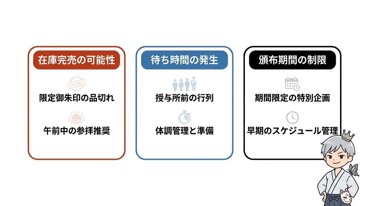 王子神社のBLEACHコラボ参拝で注意すべきデメリット3つの要点をまとめた図解(在庫完売の可能性・待ち時間の発生・頒布期間の制限)