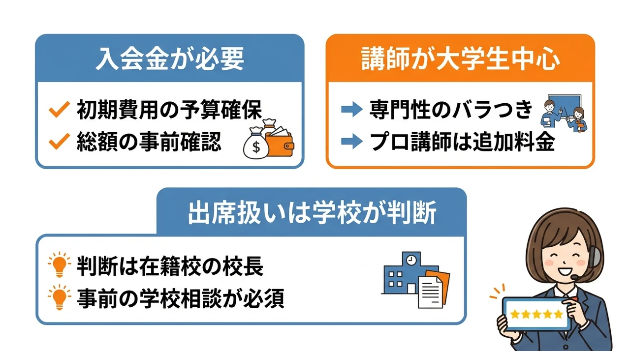 ティントルの利用前に確認したい3つのデメリットの要点をまとめた図解（入会金が必要・講師が大学生中心・出席扱いは学校が判断）
