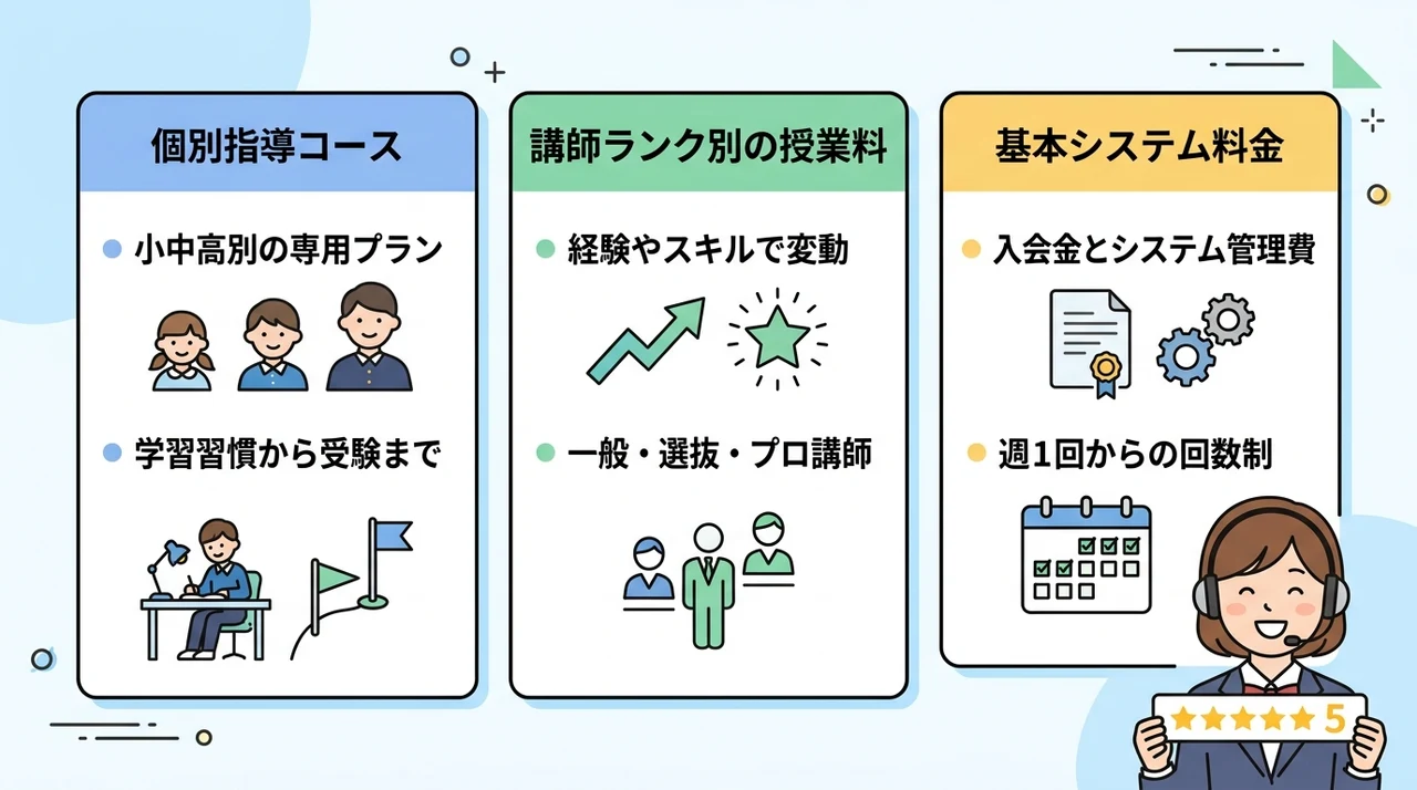 ティントルの料金体系と学年ごとのコース詳細の要点をまとめた図解（個別指導コース・講師ランク別の授業料・基本システム料金）