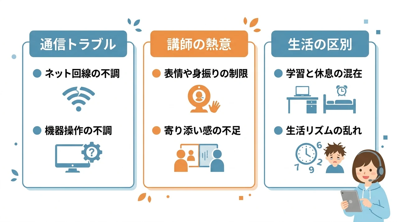 受講前に知っておきたいオンライン家庭教師のデメリット3つの要点をまとめた図解（通信トラブルのリスク・熱意が伝わりにくい・生活の区別が難しい）