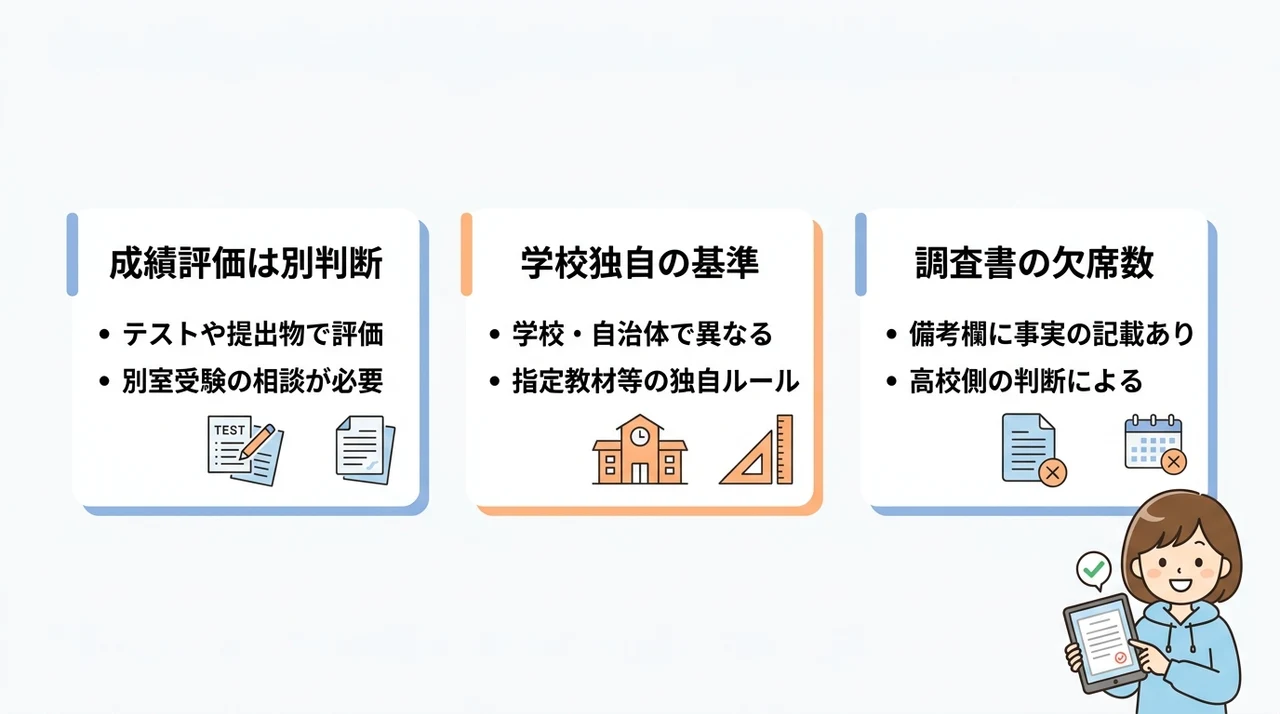 オンライン家庭教師で出席扱いを目指す際のデメリットの要点をまとめた図解（成績評価は別判断・学校独自の基準・調査書の欠席数）