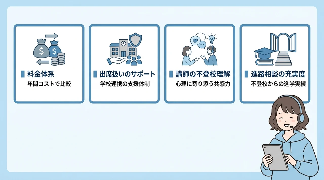 オンライン家庭教師を比較する際の重要な4つのポイントの要点をまとめた図解（料金体系・出席扱いのサポート・講師の不登校理解）