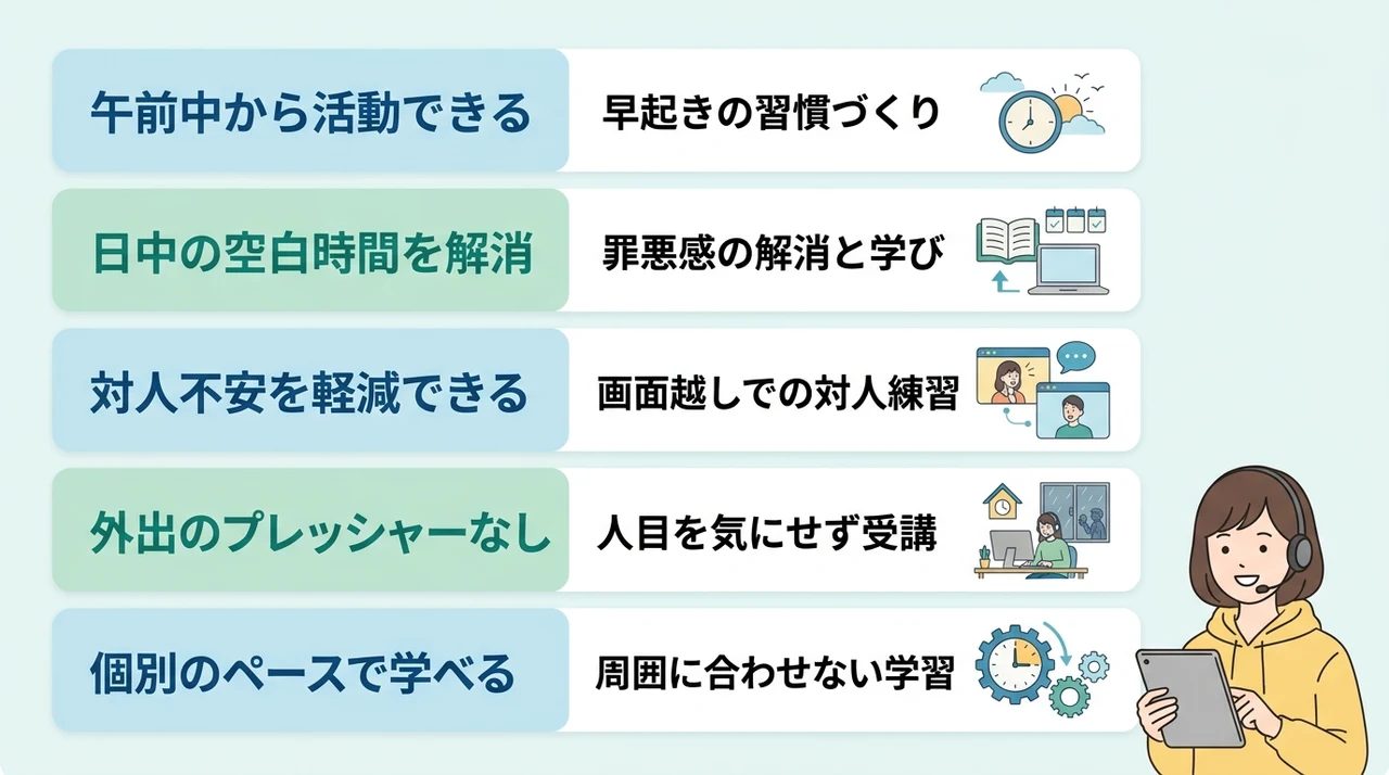 昼間のオンライン授業や指導で得られる5つのメリットの要点をまとめた図解（午前中から活動できる・日中の空白時間を解消・対人不安を軽減できる）