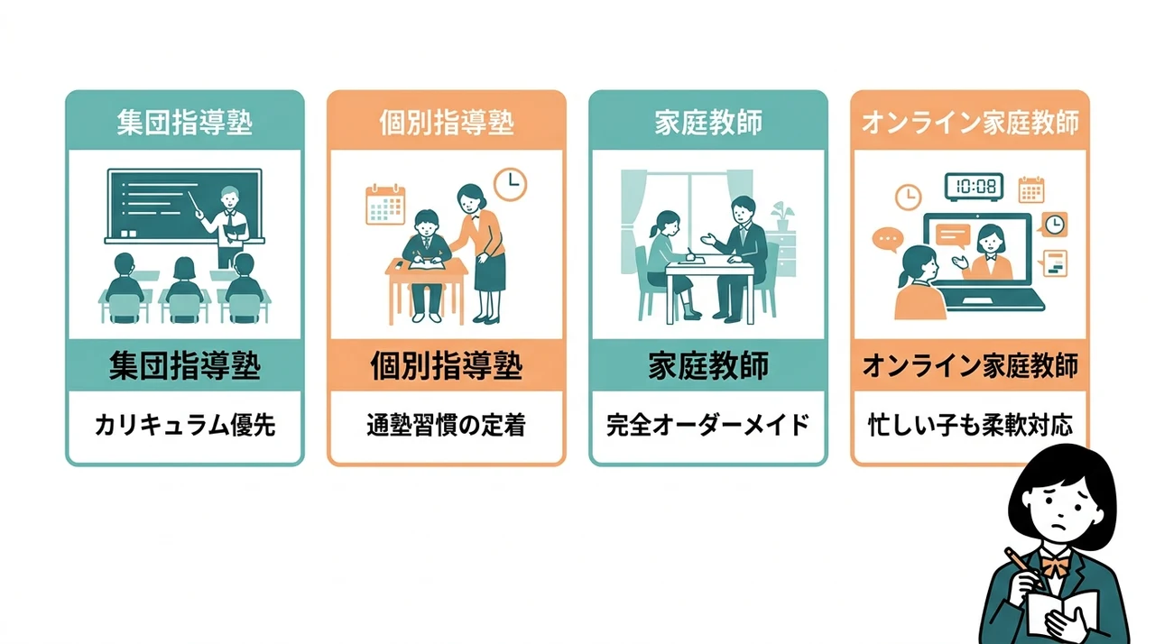 勉強が苦手な中学生は塾か家庭教師どっちがいいか比較の要点をまとめた図解
