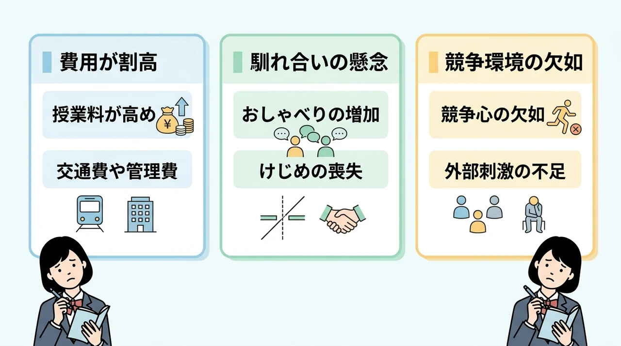 集団塾についていけない子が家庭教師を選ぶデメリットの要点をまとめた図解(費用が割高・馴れ合いの懸念・競争環境の欠如)